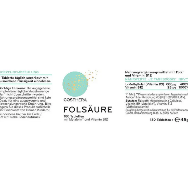 Cosphera Folsäure Tabletten 800 µg Folat mit Vit.B9, 180 St