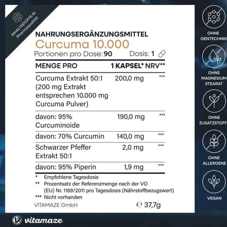 Curcuma 10.000 + Piperin hochdosiert vegan Kapseln, 90 St